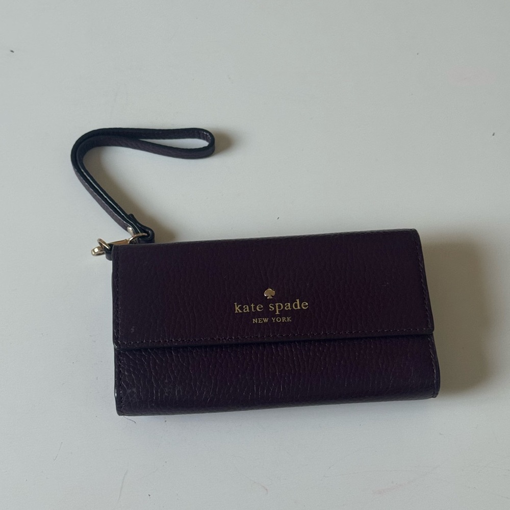kate spade Plum Leather Wristlet Wallet with Gold Logo